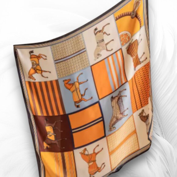 Silk-Feeling Equestrian Print Scarf, Large Square Horse Pattern Shawl - Picture 1 of 6